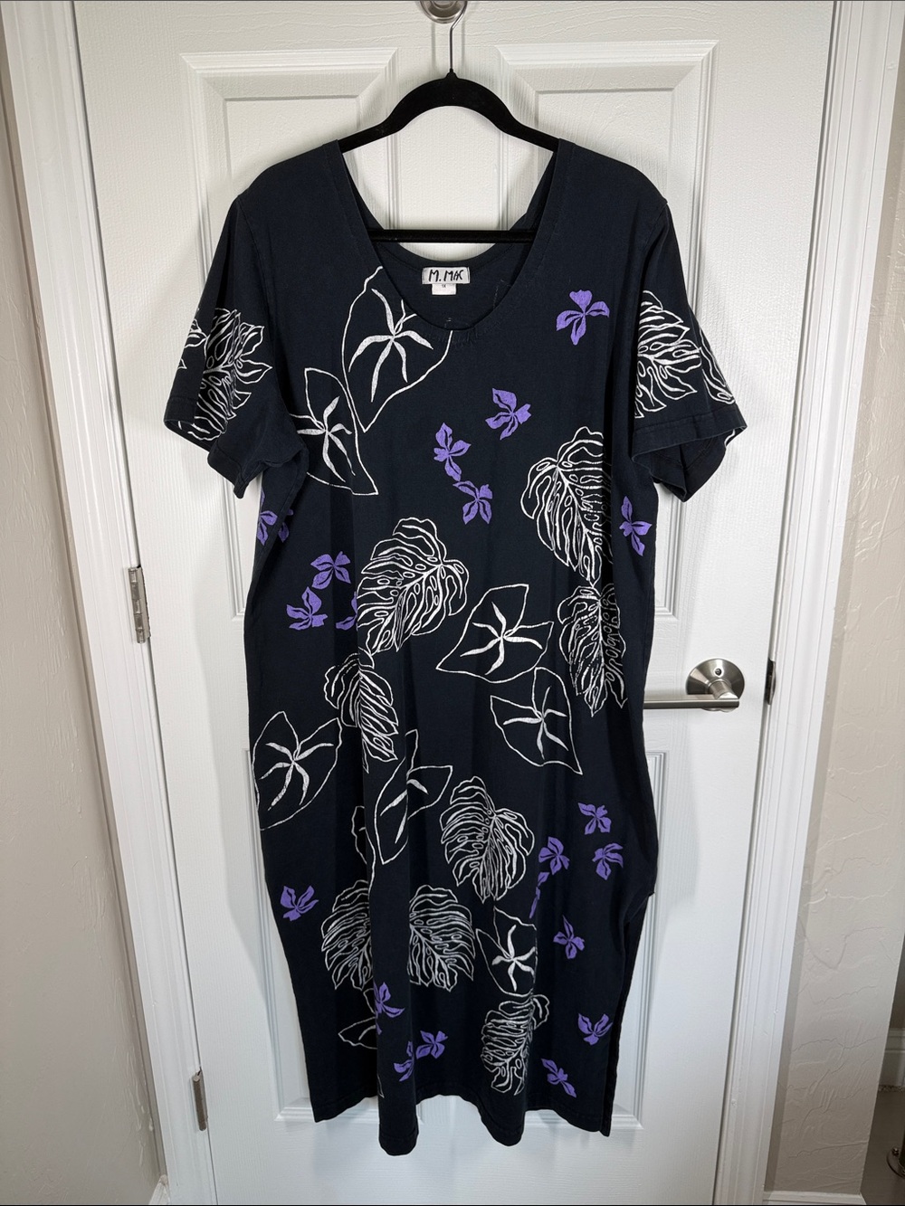 M. MAC black purple and white cotton maxi dress with Iris and leaf print size 1X